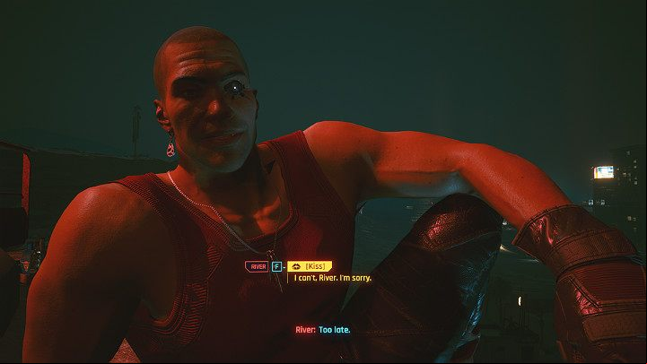 During the mission, Following the River, kiss the detective when you find yourself alone with River on top of the water tower - Cyberpunk 2077: River - romance/sex - Romances - Cyberpunk 2077 Guide