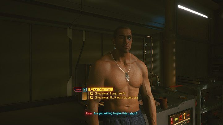 Make it clear to him that you want to establish a closer relationship with him - Cyberpunk 2077: River - romance/sex - Romances - Cyberpunk 2077 Guide