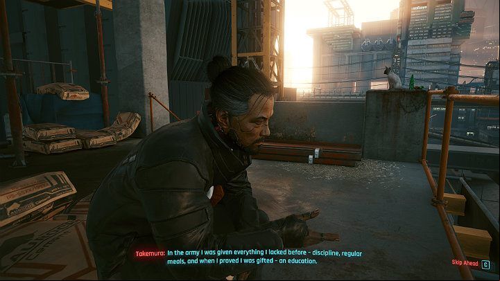 An optional trip to Arasaka Industrial Park (the main story mission in Gimme Danger) allows Takemura and V to talk frankly about Goro's past, which further develops their friendship - Cyberpunk 2077: Goro Takemura - companion - Companions - Cyberpunk 2077 Guide