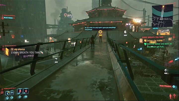 The confrontation between the stalker and Blue Moon takes place on the bridge - Cyberpunk 2077: Every Breath You Take - walkthrough - Exploration - Cyberpunk 2077 Guide