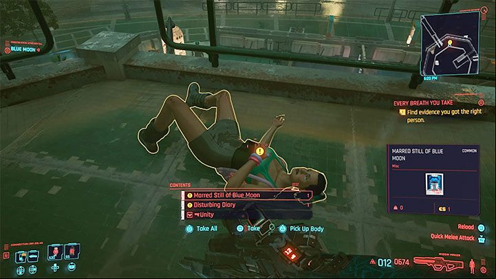 You can easily find out that you stunned/killed the right person - search the stalker's body to find her diary - Cyberpunk 2077: Every Breath You Take - walkthrough - Exploration - Cyberpunk 2077 Guide