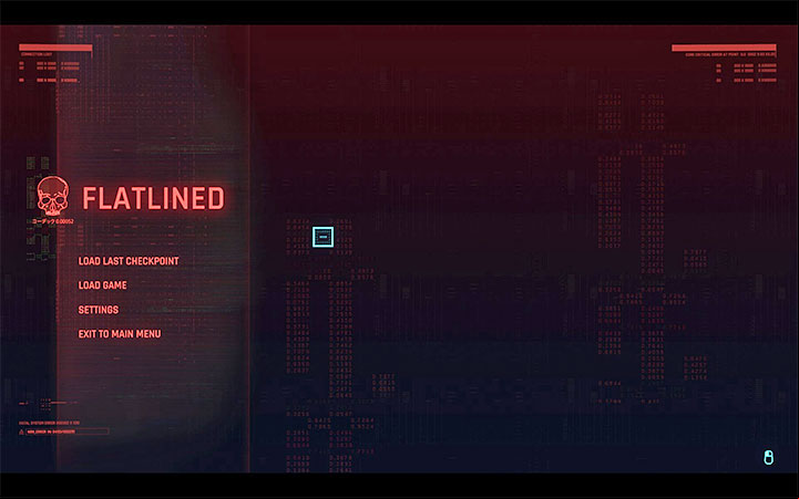 After the death of the protagonist in Cyberpunk 2077, there's nothing specual happening – the game simply displays the game-over screen - Cyberpunk 2077: Death and its consequences - Basics - Cyberpunk 2077 Guide