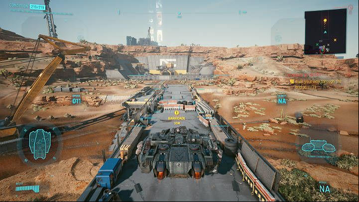 Then fly onto the narrow bridge and take care of two makeshift blockades to pave the way for Aldecaldos - Cyberpunk 2077: Forward to Death - walkthrough - Act 3 - Cyberpunk 2077 Guide