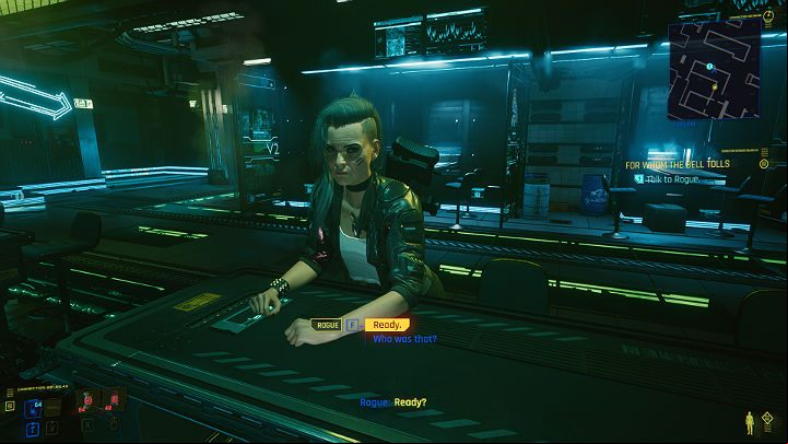 When you get back to reality, go to the bar to talk to Rogue - Cyberpunk 2077: For Whom the Bell Tolls - walkthrough - Act 3 - Cyberpunk 2077 Guide