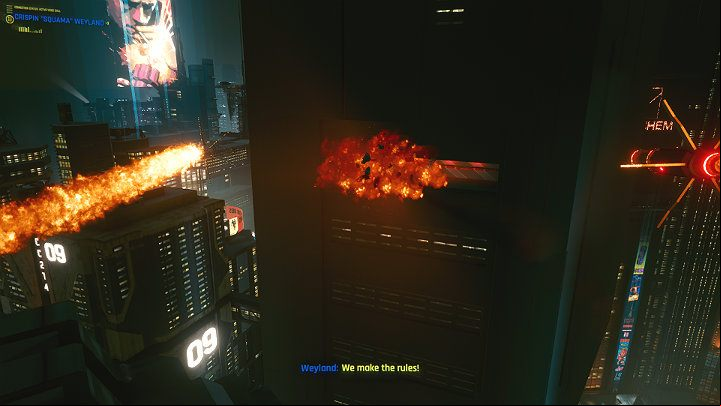 Rogue devised a clever plan to allow you to enter the enemy's territory by surprise, but during the flight over the Arasaka Tower, your presence is detected and the AV is bombed - Cyberpunk 2077: Knockin on Heavens Door - walkthrough - Act 3 - Cyberpunk 2077 Guide