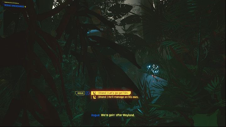 Thanks to the Retrothrusters, Johnny and Rogue manage to land safely in the Arasaka jungle, but Wyland, who stayed in the vehicle, crashed at the waterfall - Cyberpunk 2077: Knockin on Heavens Door - walkthrough - Act 3 - Cyberpunk 2077 Guide