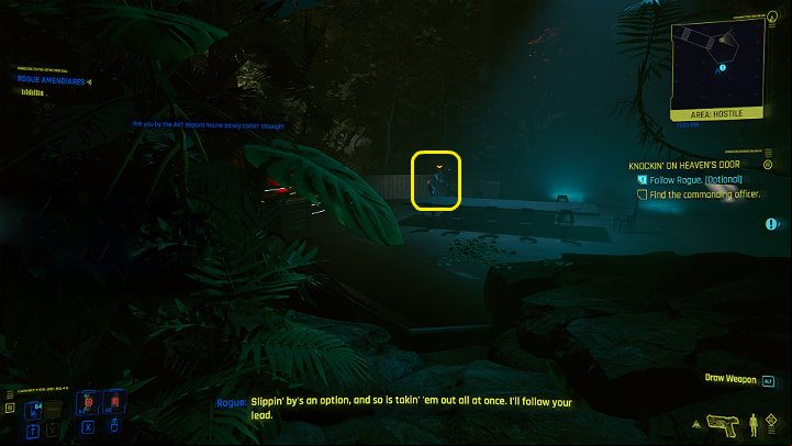 Approach the one who is standing at the table quietly and eliminate him, and Rogue will take care of the other opponent during this time - Cyberpunk 2077: Knockin on Heavens Door - walkthrough - Act 3 - Cyberpunk 2077 Guide