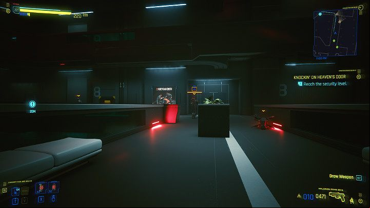 As soon as you land on a lower level, hide - two guards and one drone are stationed here - Cyberpunk 2077: Knockin on Heavens Door - walkthrough - Act 3 - Cyberpunk 2077 Guide