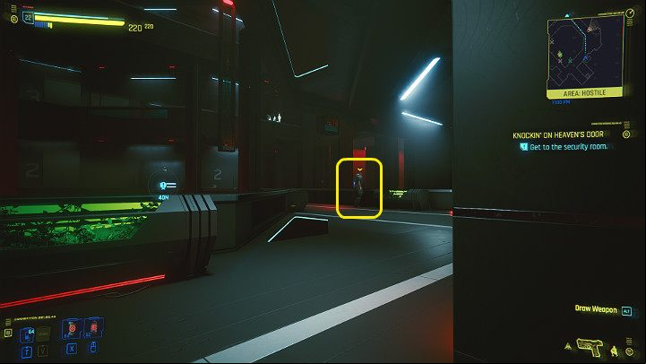The opponent who patrols the area in front of the entrance is stronger than the others, so you may not be able to eliminate it quietly - Cyberpunk 2077: Knockin on Heavens Door - walkthrough - Act 3 - Cyberpunk 2077 Guide