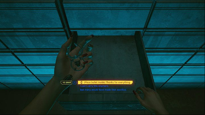 Johnny gets off in front of the cemetery and asks the man to wait for him in his car - Cyberpunk 2077: Nomad ending - cooperation with Panam and Aldecaldos - Endings - Cyberpunk 2077 Guide