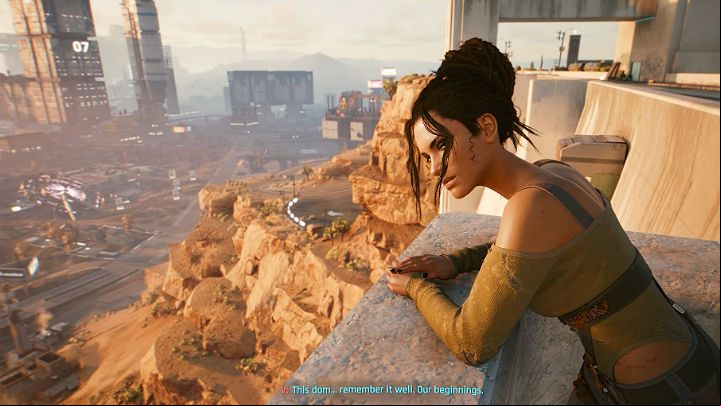 After a short while, V will appear at the viewing point at the dam and have a chance to talk to Panam - Cyberpunk 2077: Nomad ending - cooperation with Panam and Aldecaldos - Endings - Cyberpunk 2077 Guide