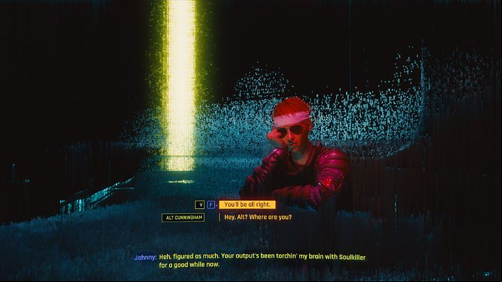 After a while, you will appear in Cyberspace and have the opportunity to meet with V and Alt - Cyberpunk 2077: Johnnys ending - collaboration with Rogue - Endings - Cyberpunk 2077 Guide