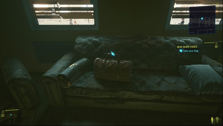 He goes to the living room, takes the bus ticket from the table, a small bag from the couch, and leaves the apartment - Cyberpunk 2077: Johnnys ending - collaboration with Rogue - Endings - Cyberpunk 2077 Guide