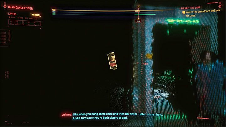 Stay in the same place on the timeline and scan the CCTV screen located near the place where Horvath came from, on the other side of the security gate - we marked it on the attached image - Cyberpunk 2077: I Fought the Law (River) walkthrough - Exploration - Cyberpunk 2077 Guide