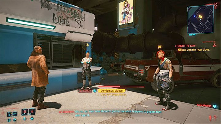 When you return to the car, you will notice some thugs from the Tyger Claws gang milling about - Cyberpunk 2077: I Fought the Law (River) walkthrough - Exploration - Cyberpunk 2077 Guide