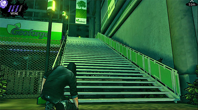 All the options described earlier in the text have the same outcome and that is to reach the stairs seen on the screen above - Geoforge - park - Chapter 2 - DARK - Game Guide and Walkthrough
