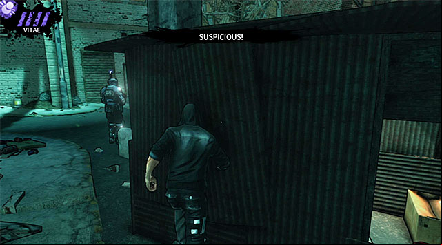 Approach the two hunters stationed close to the exit from the first backyard, taking cover behind a small shack seen on screen 1 - The Hole - first backyard - Chapter 4 - DARK - Game Guide and Walkthrough