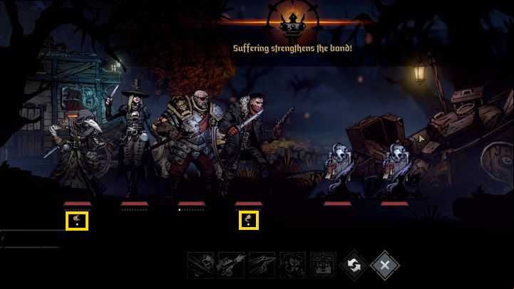 During the fight, pay attention to how the modifiers - the token - below the character change - Darkest Dungeon 2: Early game - first steps - Basics - Darkest Dungeon 2 Guide