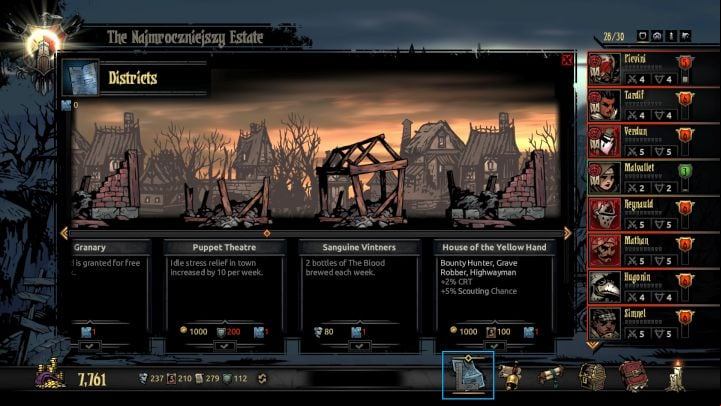 You can access the District screen with the new button located on the bottom of the screen. - Darkest Dungeon The Crimson Court: Districts - Game mechanics - Darkest Dungeon Game Guide & Walkthrough