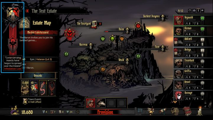 The level of the Infestation can be checked in the upper left corner of the embark screen. - Darkest Dungeon The Crimson Court: How to get the invitation to the Courtyard? - FAQ - Darkest Dungeon Game Guide & Walkthrough