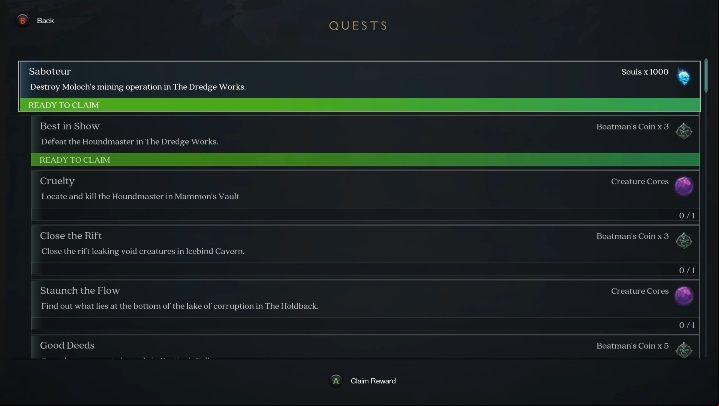 To collect a reward you simply have to enter the menu, open the Quests tab and click on the proper button (A button on gaming pad) to claim the prize - Side quests and additional missions in Darksiders Genesis - Basics - Darksiders Genesis Guide