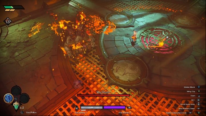 Slag Demon charges throughout the arena - avoid this attack by jumping to the side - Slag Demon - Chapter 2 | Boss in Darksiders Genesis - Bosses and mini-bosses - Darksiders Genesis Guide