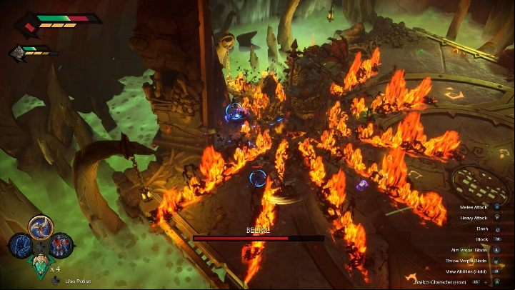 In the later stages, Belial can use his trident to create lines of fire - Belial - chapter 9 | Boss in Darksiders Genesis - Bosses and mini-bosses - Darksiders Genesis Guide
