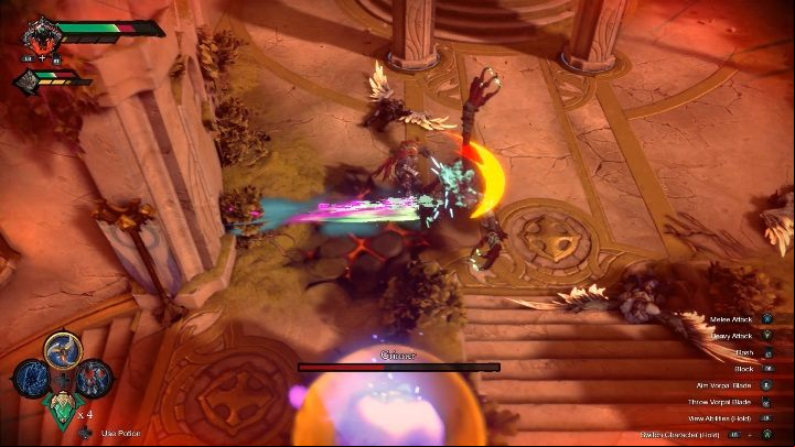 The boss pushes you away by using various attacks - Grinner can swing his arms or jump - Grinner - chapter 11 | Boss in Darksiders Genesis - Bosses and mini-bosses - Darksiders Genesis Guide