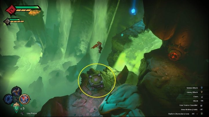 The second valve is located near the upper part of the waterfall - How to drain the poisonous water Chapter 8 in Darksiders Genesis? - Puzzles - Darksiders Genesis Guide