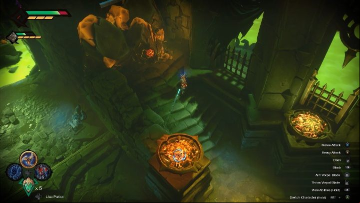 The fourth piece of the puzzle is behind the exploding wall - How to drain the poisonous water Chapter 8 in Darksiders Genesis? - Puzzles - Darksiders Genesis Guide