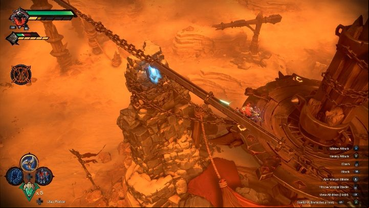 To activate the first part of the door, you have to activate the blue button and then jump to the lower floor - How to get to the chest with a bonus Chapter 14 in Darksiders Genesis? - Puzzles - Darksiders Genesis Guide