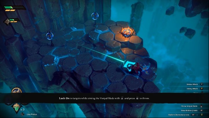 Your next task is to aim the Vorpal Blade at the fire and then at the lanterns - How to open the mysterious gate in the Void Chapter 1 of Darksiders Genesis? - Puzzles - Darksiders Genesis Guide