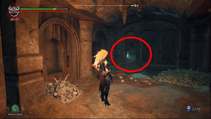 When you enter the crypt and eliminate your opponent, you will see a small age in the lower left corner of the wall - Hollows | Darksiders 3 Walkthrough - Walkthrough - Darksiders 3 Guide