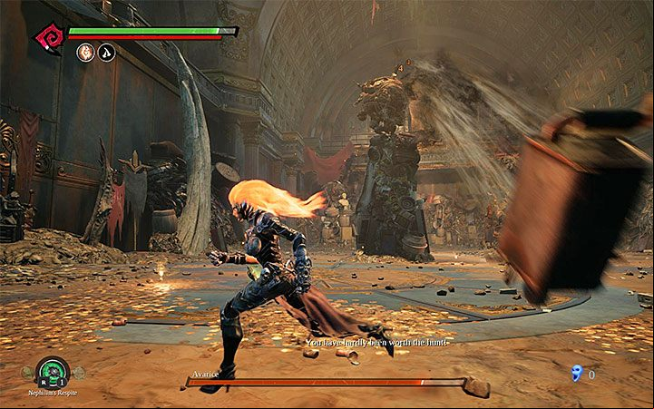 Greed uses objects from the junkyard as projectiles and hurls them towards you from time to time - Avarice Boss | Darksiders 3 Walkthrough - Walkthrough - Darksiders 3 Guide