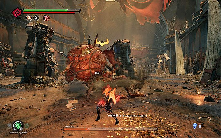 When Greed health level drops to about 2/3, he will use additional weapons such as an old wardrobe, bathtub, fridge or a giant skull - Avarice Boss | Darksiders 3 Walkthrough - Walkthrough - Darksiders 3 Guide
