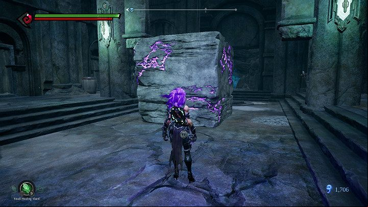 Place the cube on a switch to reveal the crystal in the recess visible above on the other side of the room - Forgotten Lake | Darksiders 3 Walkthrough - Walkthrough - Darksiders 3 Guide