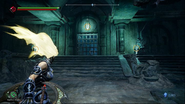 Place the sword in the statue on the left, then jump back and mark the 3 targets visible on the picture above - Forgotten Lake | Darksiders 3 Walkthrough - Walkthrough - Darksiders 3 Guide
