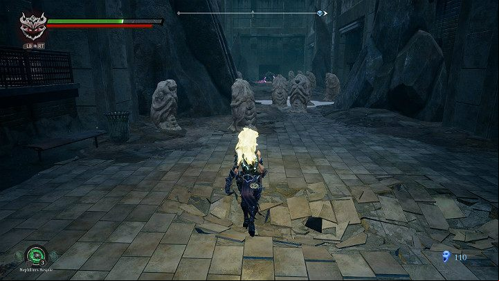 As you walk between the statues, watch out for potential enemies who may be hiding inside them - Sunken Tracks | Darksiders 3 Walkthrough - Walkthrough - Darksiders 3 Guide
