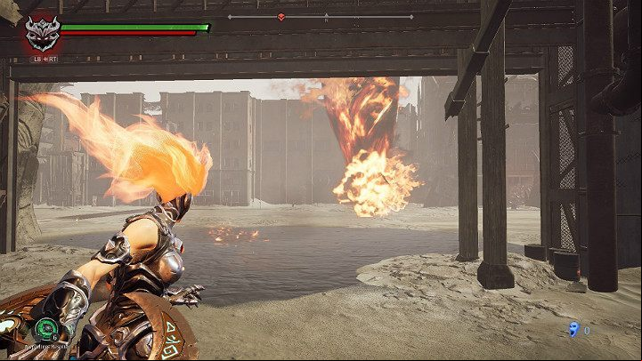 When the tornado is in the water, burn a puddle of oil - The Lowlands | Darksiders 3 Walkthrough - Walkthrough - Darksiders 3 Guide