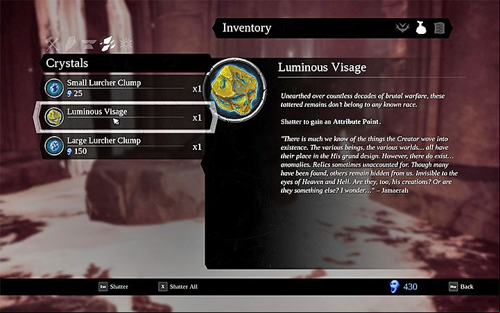 Once found, you need to search your inventory for Luminous Visages (Crystals tab) and hold the button to crush it - How to earn attribute points in Darksiders 3? - FAQ - Darksiders 3 Guide