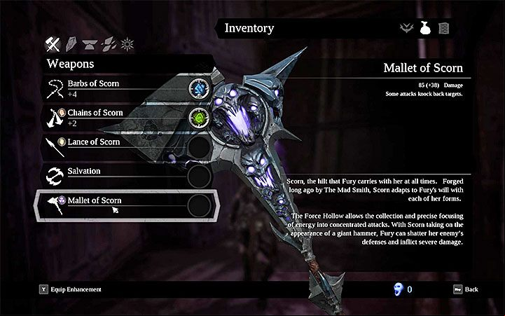 After you get an Enhancement, go to inventory - How to install weapon upgrades in Darksiders 3? - FAQ - Darksiders 3 Guide