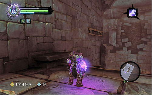 Stay on the shelf you've taken the key from, turn around and start wall-running where shown on the screen, reaching a new interactive edge - The Scar - Using the Skeleton Key - Additional Locations - Darksiders II - Game Guide and Walkthrough