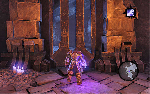 Repeat the same process as in the previous areas: stand in front of the closed gate (the above screen), activate Soul Splitter and send both halves over to the nearby pressure plates - Sentinel's Gaze - Exploring Boneriven - Additional Locations - Darksiders II - Game Guide and Walkthrough