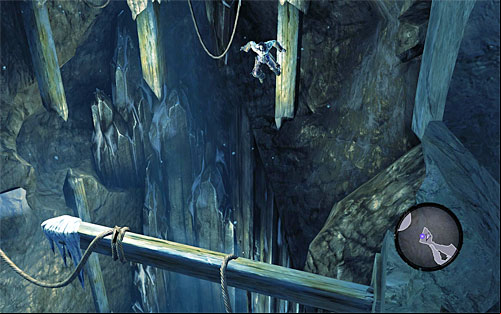 After reaching to last of the vertical pillars, lean back (SHIFT) and jump onto the horizontal pole shown on the above screen - Reach the top of The Dark Fortress (2) - Find a Way to Save War - Darksiders II - Game Guide and Walkthrough