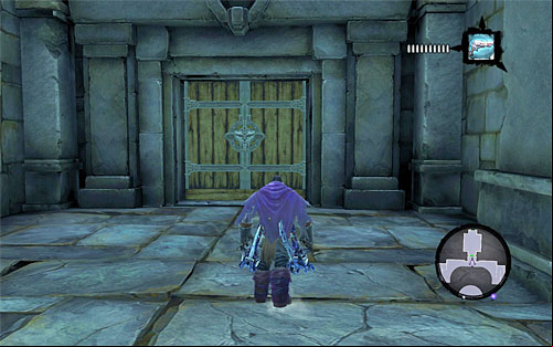 Watch a short cutscene, jump down and head towards the east door which will take you to the main area of the fort - Restore the Tears of the Mountain (2) - The Tears of the Mountain - Darksiders II - Game Guide and Walkthrough