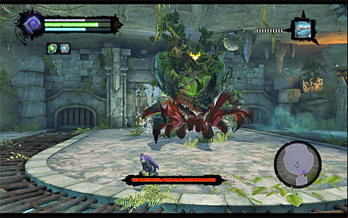 The battle with Karkinos differs from the previous ones in that in order to win you only need to dodge and perform quick attacks - Boss 4 - Karkinos - The Tears of the Mountain - Darksiders II - Game Guide and Walkthrough