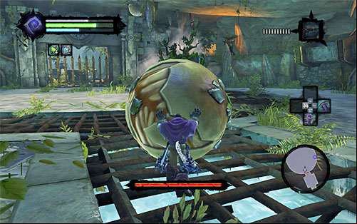 Once you're at the ball, grab it, turn it around towards the boss and send it forcefully at him by pressing the middle mouse button - Boss 4 - Karkinos - The Tears of the Mountain - Darksiders II - Game Guide and Walkthrough