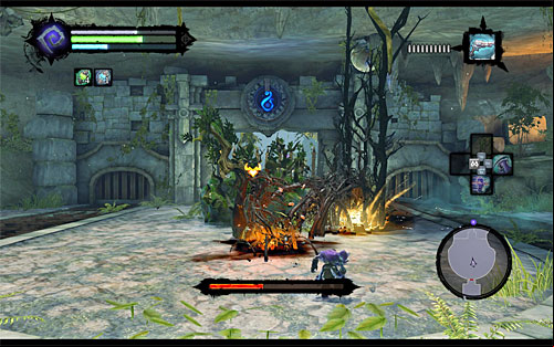 Apart from the aforementioned attacks, when Karkinos loses around half of his stamina, he'll start diving underground from time to time, sending vines to attack you (the above screen) - Boss 4 - Karkinos - The Tears of the Mountain - Darksiders II - Game Guide and Walkthrough
