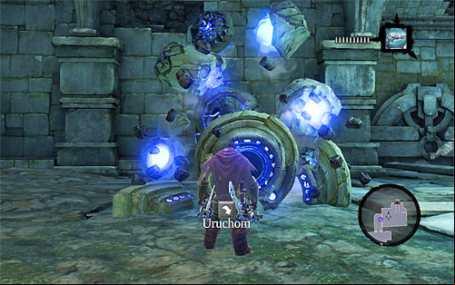 Take a look at the chest hidden behind barrels, then approach the Construct you see on the screen - Find the Lost Temple - To Move a Mountain - Darksiders II - Game Guide and Walkthrough