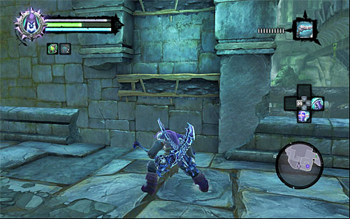 Stop where the stairs end, turn right and jump to the interactive edge you see on the screen - Find the Lost Temple - To Move a Mountain - Darksiders II - Game Guide and Walkthrough